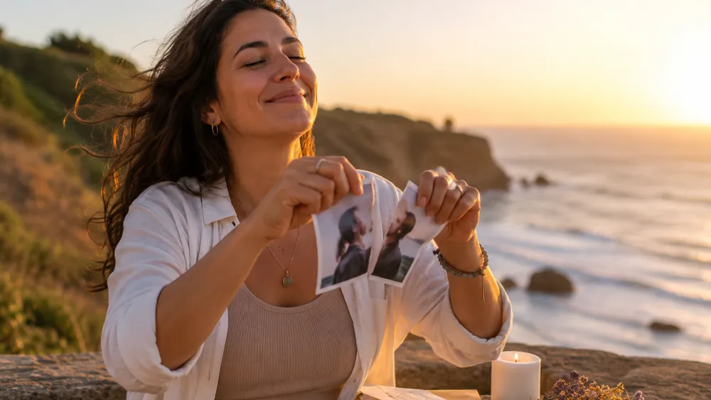 Mujer al aire libre con los brazos abiertos frente a un paisaje iluminado por el atardecer