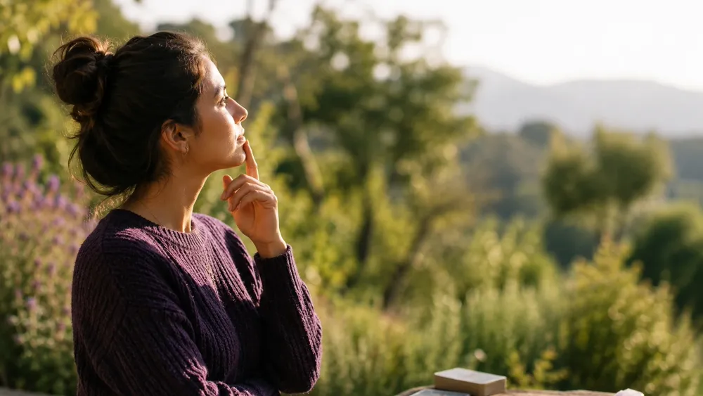 Mujer reflexionando al aire libre junto a una mesa con cartas de tarot antes de comenzar una lectura