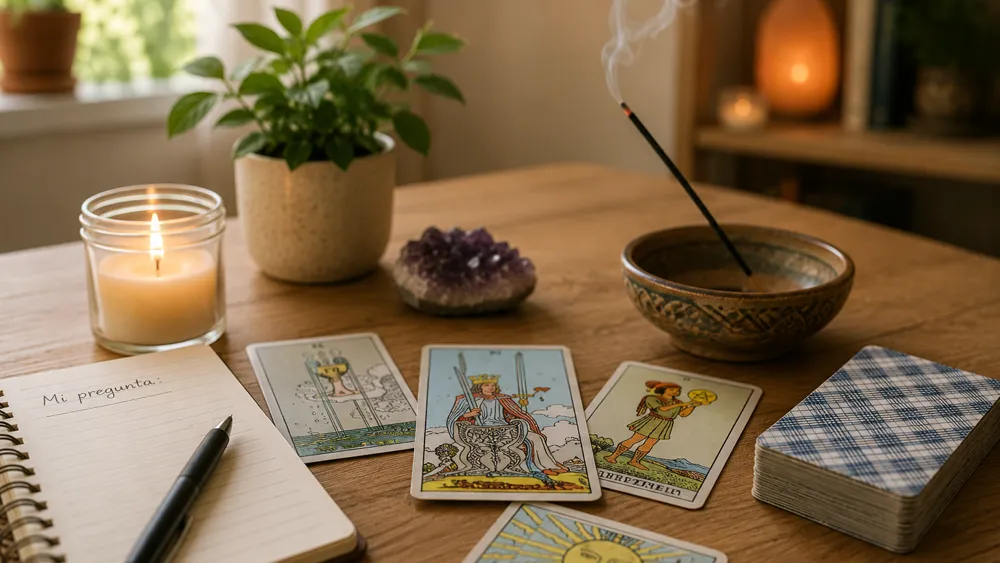 Mano sosteniendo una carta de tarot sobre una mesa de madera en una sala luminosa